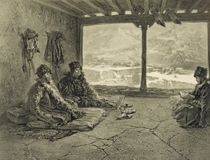 Sharia-forelesning i Khosrakh, Dagestan, plate 50 fra en bok om Kaukasus, gravert av Adolphe Mouilleron (1820-81) utgitt av Alfred Leon Lemercier, Paris, 1847 av Grigori Grigorevich Gagarin