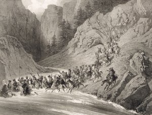 Tcherkersseians on a Raid nær Svartehavet, plate 4, fra en bok om Kaukasus, gravert av Eugene Ciceri (1813-90) og Adolphe Jean-Baptiste Bayot (1810-66), utgitt av Alfred Leon Lemercier, P av Grigori Grigorevich Gagarin