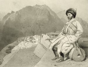 Utsikt over Ghimri og portrett av Hadji-Mourad, plate 66 fra en bok om Kaukasus, gravert av Jules Joseph Augustin Laurens (1825-1901) og Eugene Ciceri (1813-90) av Adolphe Mouilleron (1820-81), pu