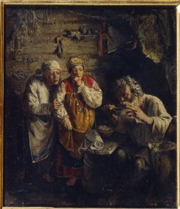 Healeren (Witch Doctor). I en fattig, landlig hytte ser to barbeinte kvinner kledd i folkloristiske kjoler engstelig på en gammel mann som drikker et urtemiddel, ved siden av ham en stamper for å tilberede medisinske blandinger.