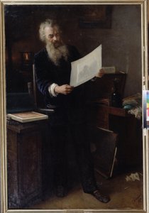 ""Det første inntrykket"" (Det første inntrykket). Portrett av kunstneren Ivan Ivanovich Shishkin (Ivan Ivanovich Shishkin) (1832-1898) som ser på et av verkene hans han nettopp har laget. Maleri av Grigori (Grigoriy, Grigory) Grigoryevich Myasoyedov (