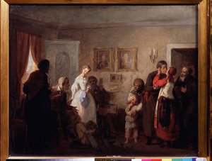 Gratulerer til et nygift par i et herskapshus. (Gratulerer til det nygifte paret i en herregård). Maleri av Grigori (Grigoriy, Grigory) Grigoryevich Myasoyedov (Myasoedov, Miasoedov) (1834-1911), olje på lerret av Grigori Grigoryevich Myasoedov