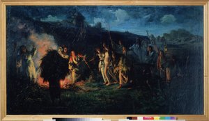 Pløye Rite. Scene med bondeliv, slavisk folkefeiring, om kvelden, rundt et stort bål, bønder utstyrt med landbruksredskaper og lykter, i prosesjon, bringer en ung, naken jente, i håp
