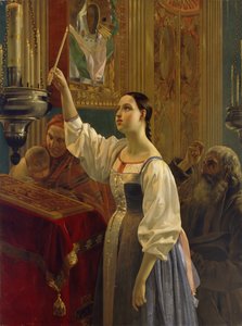 En jente plasserte et stearinlys foran ikonet, 1842 av Grigori Karpovich Mikhaylov
