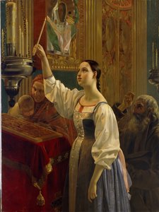 Ung jente som plasserer et stearinlys foran et ikon. (Jente som setter et stearinlys før ikonet). I en ortodoks kirke, skjærtorsdag i påskeuken. Maleri av Grigori Karpovich Mikhaylov (Mikhailov) (1814-1867), olje på lerret av Grigory Mikhailov