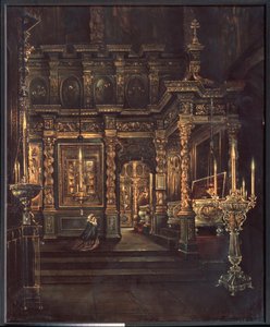 In the Assumption of the Blessed Virgin Cathedral in Rostov (In the Assumption of the Blessed Virgin Cathedral in Rostov) - Maleri av Grigori Vasilyevich Yurov (?-etter 1896), olje på lerret av Grigory Vasilievich Yurov