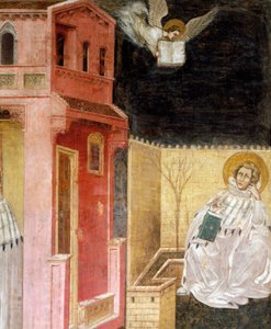 Åpenbaring av engelen, detalj fra Vision of St Augustine, scene fra Stories of St Philip and St Augustine, av Guariento (aktiv siden 1338, død ca 1367), freskomaleri, Church of the Eremitani (Eremits), Padua, Veneto. Italia