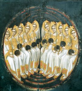 Sittende engler med kuler i hendene, av Guariento (aktiv 1338-1367 eller 1370), tempera på panel