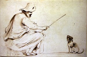 En sittende mann som trener en hund (penn og brunt blekk og vask på papir) av Guercino