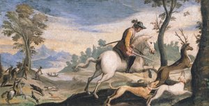 Jakt på hjort og villsvin, av Giovanni Francesco Barbieri, kjent som Guercino (1591-1666), freskomaleri, 53x101 cm av Guercino