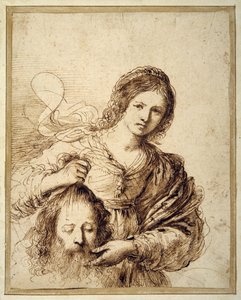 Judith med hodet til Holofernes (penn og brunt blekk på krempapir)