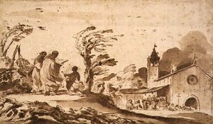 PD.1-1987 Landskap med begravelsesprosesjon (blekk og vask) av Guercino