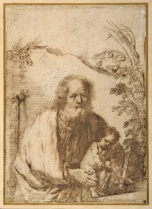 St. Joseph and the Infant Christ griper en kvist av et epletre (penn og blekk på papir) av Guercino