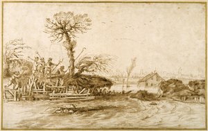 En elv i flom, og bønder med økser og andre verktøy (penn og blekk over kritt på papir) av Guercino