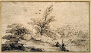 Landskap med to fiskere hvilende (penn og blekk på papir) av Guercino