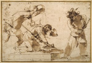 Satirisk emne med karakterer fra Commedia dell'Arte (penn og brunt blekk på papir) av Guercino