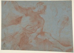 Sittende gammel mann med høyre arm hevet (Tithonus) (recto) av Guercino