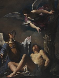 St. Sebastian støttet av to engler av Guercino