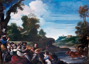 Sommerglede Landskap med konsert. Maleri av Giovanni Francesco Barbieri Guerchin dit Il Guercino (1591-1666) 1600-tallet Søn. 0,35x0,47 m Firenze, Uffizi-galleriet av Guercino