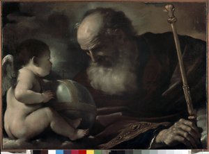 Den allmektige far med en engel - Maleri av Barbieri Giovanni Francesco kalt The Guerchin (1591-1666), olje på lerret, 66 x 91 cm av Guercino
