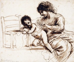 En mor og et barn ved en stol, av Guercino