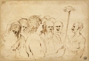 Gruppe av figurer, med ugle på en stang av Guercino