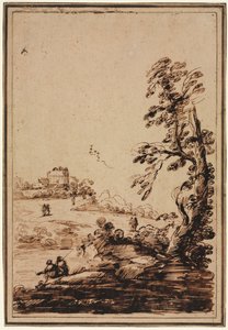 Landskap med liten gruppe bygninger, andre halvdel av 1700-tallet. av Guercino