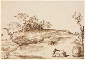 Landskap med en mann som lener seg på en ball av Guercino