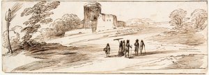 Landskap med borg og figurer av Guercino