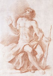 Eremitten Paulus, ser opp til venstre og holder en pinne, ca. 1637-8 av Guercino