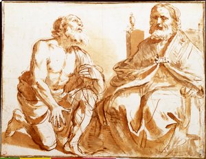 Sittende biskop og knelende helgen av Guercino