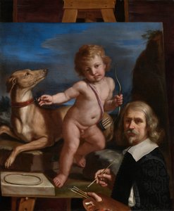 Selvportrett foran et maleri av «Amor Fedele» av Guercino
