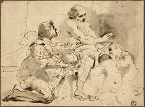 Studie for Jakob velsignelse av Josefs sønner (rekto); Skisser: Sankt Christopher; To figurer i samtale om penger (verso) av Guercino