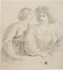 To unge kvinner, en med turban, i samtale av Guercino