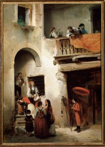 Ekstrem salve, en familie som venter utenfor huset til en døende mann Maleri av Guglielmo Castoldi (1823-1882) 1858 Dim 89x64 cm Genes, Galleria d'Arte Moderna, inv 303 av Guglielmo Castoldi
