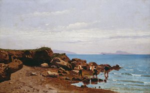 Fiskere på den napolitanske kysten, med øya Capri i bakgrunnen, av Guglielmo Ciardi (1842-1917), olje på lerret, 47,5x76,5 cm