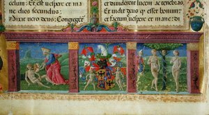Skapelsen og fristelsen til Adam og Eva med våpenskjoldet til huset til Este, fra Bible des Chartreux