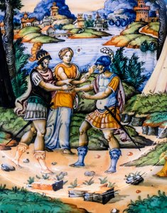 Rett: Latinus og Aeneas, detalj, ca 1540 (majolica) av Guido (attr. to) Durantino