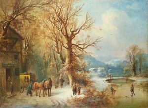 Trener og hester i et snølandskap