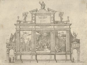 Fasade av et triumfmonument med tre scener som viser gjerninger til pave Clement VIII, en t..., 1598. av Guido Reni