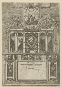 Fasade på Palazzo del Senato i Bologna med de pavelige våpen i sentrum, med midlertidig ..., 1598. av Guido Reni