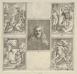 Fem nummererte scener, hver etter en maler i Accademia Degli Incamminati, fra IL FUME..., 1603. av Guido Reni