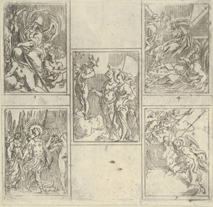 Fem nummererte scener, hver etter en maler i Accademia Degli Incamminati, fra IL FUME..., 1603. av Guido Reni