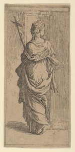 Jente som bærer et krusifiks og går mot en pilaster, sett bakfra, ca. 1590-1600. av Guido Reni