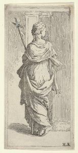 Jente som bærer et krusifiks og går mot en pilaster, sett bakfra, ca. 1590-1600. av Guido Reni