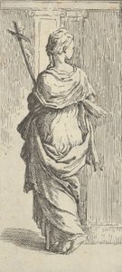 Jente som bærer et krusifiks og går mot en pilaster, sett bakfra, ca. 15..., ca. 1590-1600. av Guido Reni
