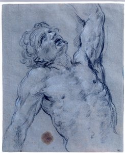 Halvfigur av naken mann, snur seg bakover og later til å lide Svart steintegning av Guido Reni kalt The Guide (1573-1642). Søn 0,26x0,21 m Paris, musee du Louvre av Guido Reni