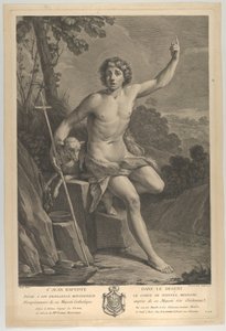Døperen Johannes i ørkenen, sittende på en stein og peker oppover med venstre h..., 1770 av Guido Reni