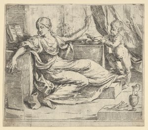 Sittende kvinne som holder et nettbrett og kompass allegori om læring, en bevinget putto ..., ca. 1600-1640. av Guido Reni