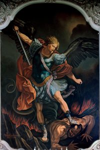 Erkeengelen Saint Michael Terrassing the Dragon Maleri av VM De Girolamo (20. århundre) etter Guido Reni. 1957 av Guido Reni
